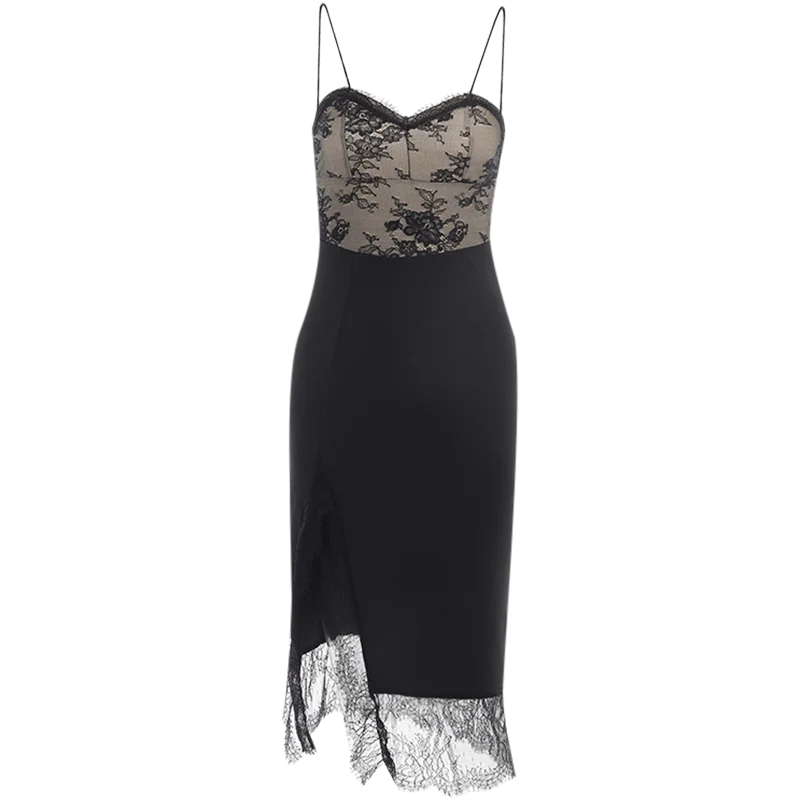 Knitted Lace Suspender Slit Dress For Spring Women\'s Fashion Sexy Black Slim Fit Long Dress For Women YJ22367PF
