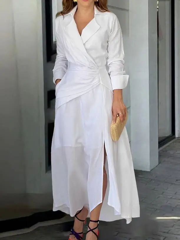 Womens Dresses 2023 Spring Fashion Ruched Slit Asymmetrical Casual Notched Collar Plain Long Sleeve Semi-Sheer Maxi Daily Dress