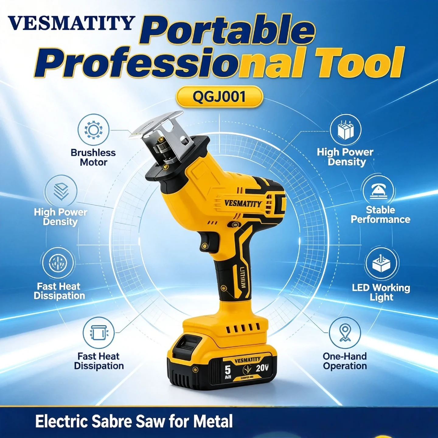 3000RPM Vesmatity Brushless Reciprocating Saw – Multifunctional Sabre Saw for Metal Wood Pipe Cutting, for DeWALT 20V Battery