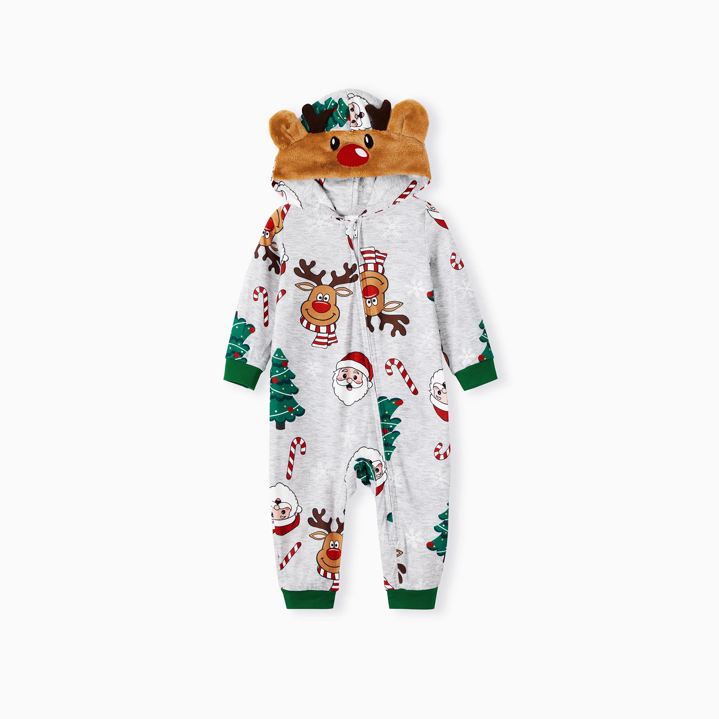 PatPat Grey Christmas Pajamas 3D Reindeer Pattern Zipper Onesies Matching Family Outfits