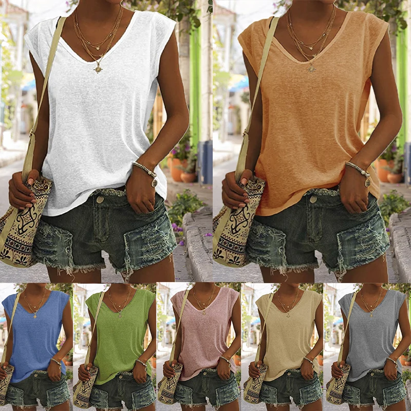 

Cotton Linen V Neck Casual Elegant Vest Sleeveless Solid Color Fashion Loose Tees Vintage Summer Women Female Seaside T-Shirt