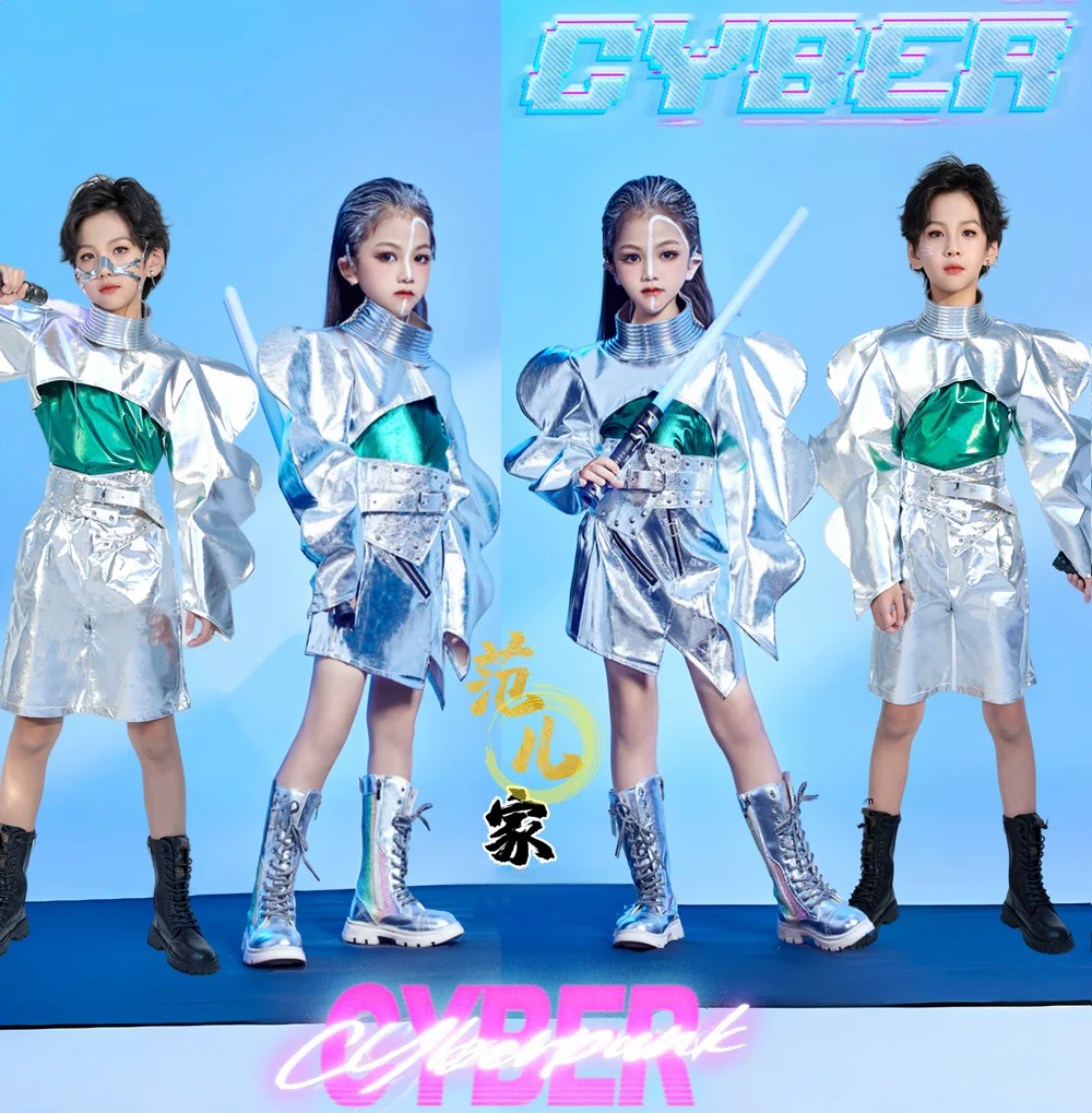 Silver Jazz Style Hip-hop Costume Urban Dance Clothes Performance Dancer Stage Outfit Children Model Catwalk Singer Teenage