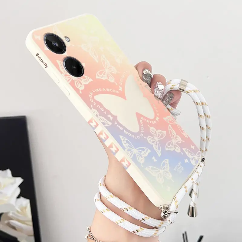 10 Auroral Butterfly Lanyard Silicone Phone Case For Realme 10 10Pro 10ProPlus 12 12X 10T 9 8Pro 9Pro C65 C55 C53 C67 C25 Cover