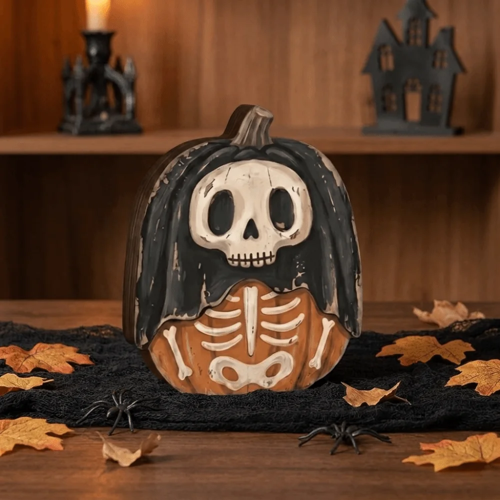 Cartoon Pumpkin Wooden Ornaments Ghost Hand Painted Halloween Pumpkin Figurine Display Decor Stable Base Pumpkin Table Ornament