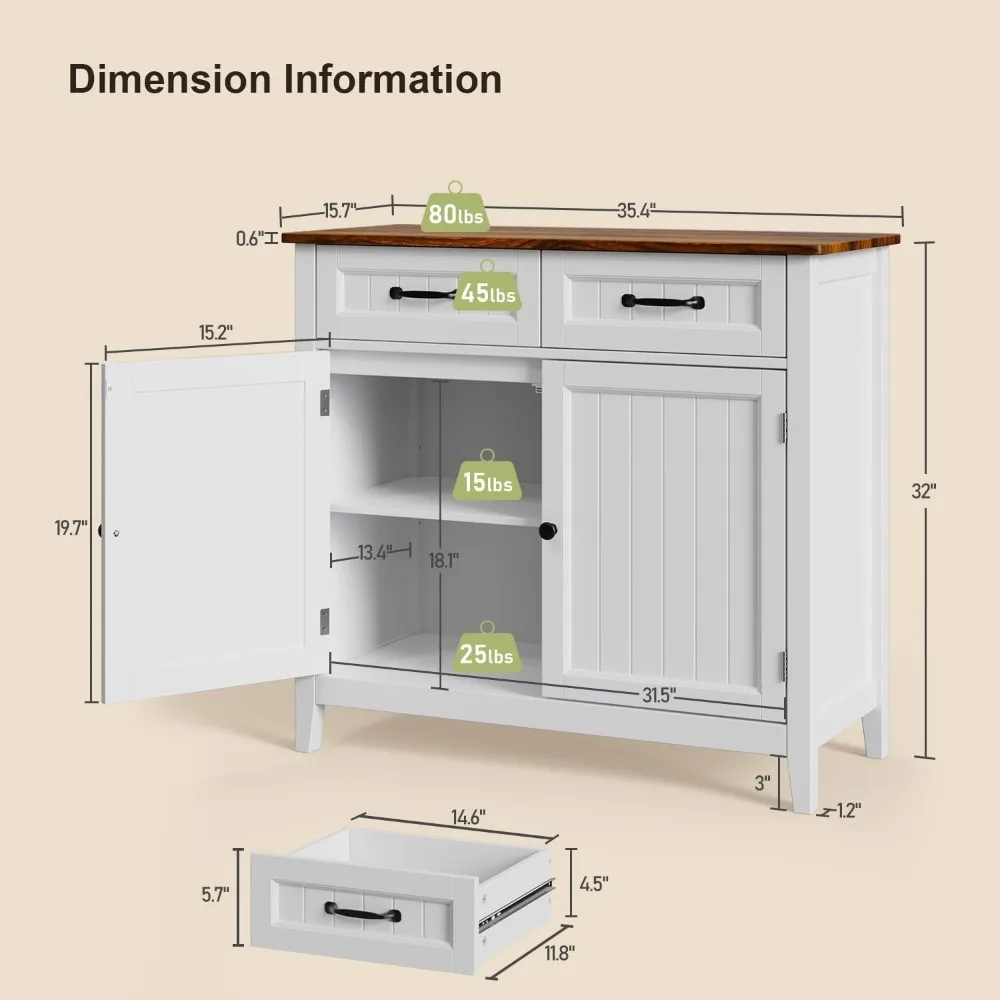 Kitchen Sideboard Buffet Cabinet, 32'' H Large Kitchen Storage Island and Adjustable Shelf, Modern Coffee Bar for Kitchen