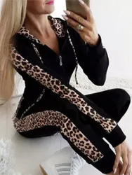 Leopard Print Patchwork Sporty Style Two Piece Set Women Zipper Hooded Cardigan Trousers 2 Piece Sets Female Fashion Streetwear