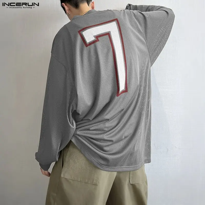 INCERUN الرجال تي شيرت الطباعة شبكة الجوف خارج الخامس الرقبة طويلة الأكمام الذكور المحملة القمم كبيرة الحجم الشارع الشهير تجريب ملابس الرجال غير رسمية