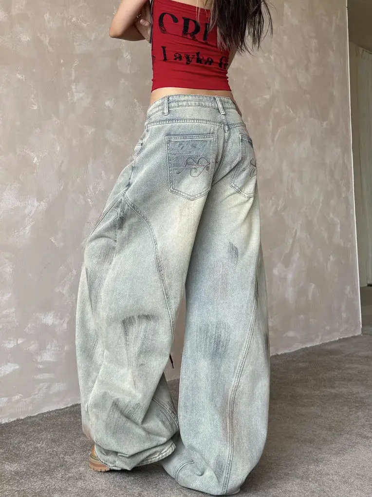 Damskie jeansy vintage w kolorze jasnoniebieskim Y2k, luźne, Harajuku, estetyka japońska, szerokie nogawki, spodnie dżinsowe, spodnie cargo, ubrania trashowe.