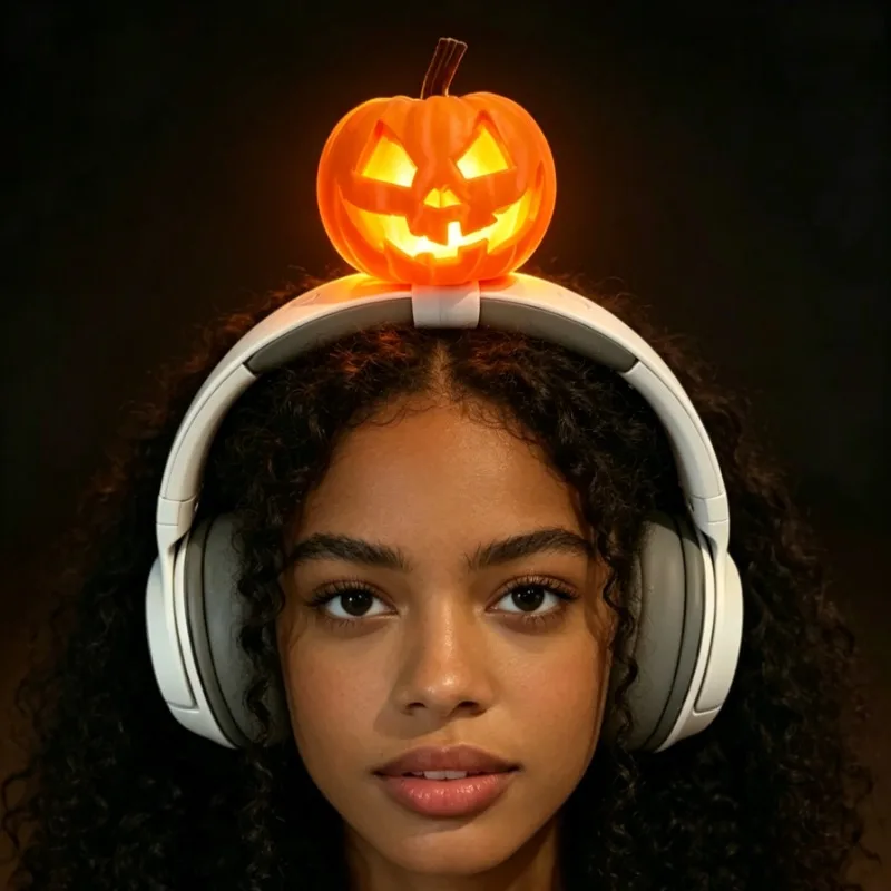 Halloween LED Pumpkin Headset Decor, Light Up Jack-o'-lantern Headphone Attachment with Magic Tape, Gaming Streamer Accessory