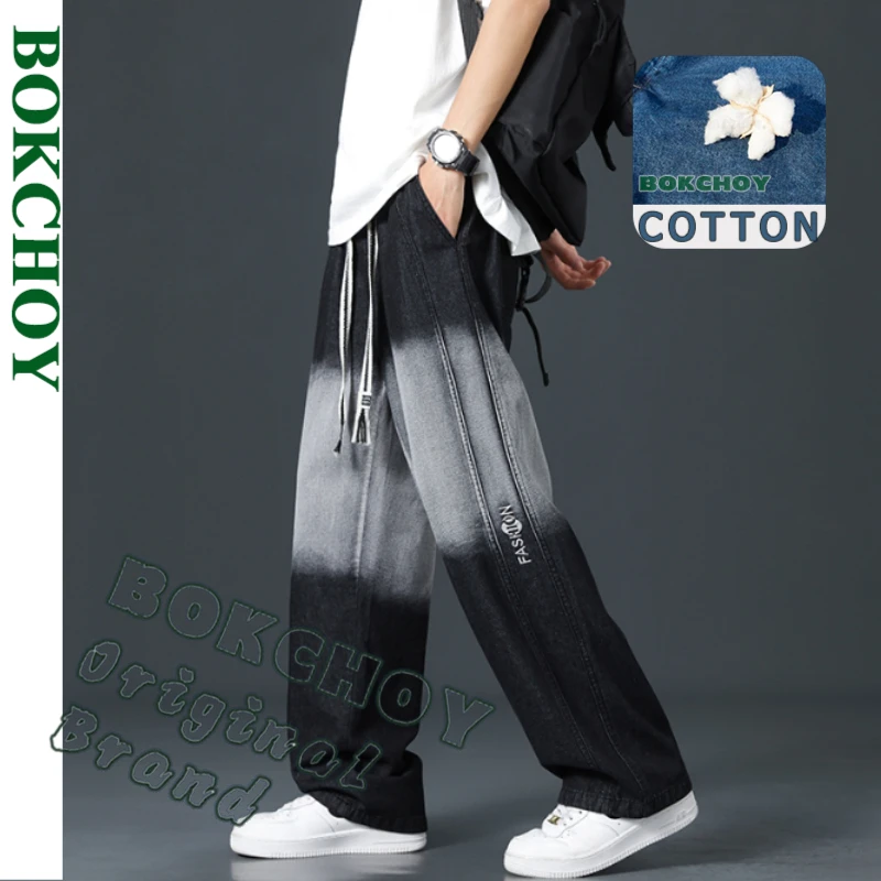2025 Spring Summer New Vintage Casual Cotton Straight Jeans for Men Clothing Solid Color Drawstring Men Trousers YBJYF-H91