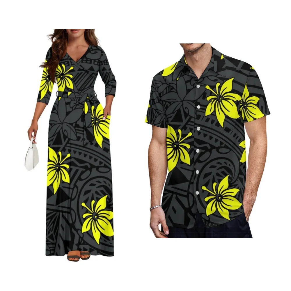 Aanpasbare Polynesische Paar Set Vrouwen Slanke Jurk Mannen Shirt Samoa Hawaii Print Tropische Datum Nacht