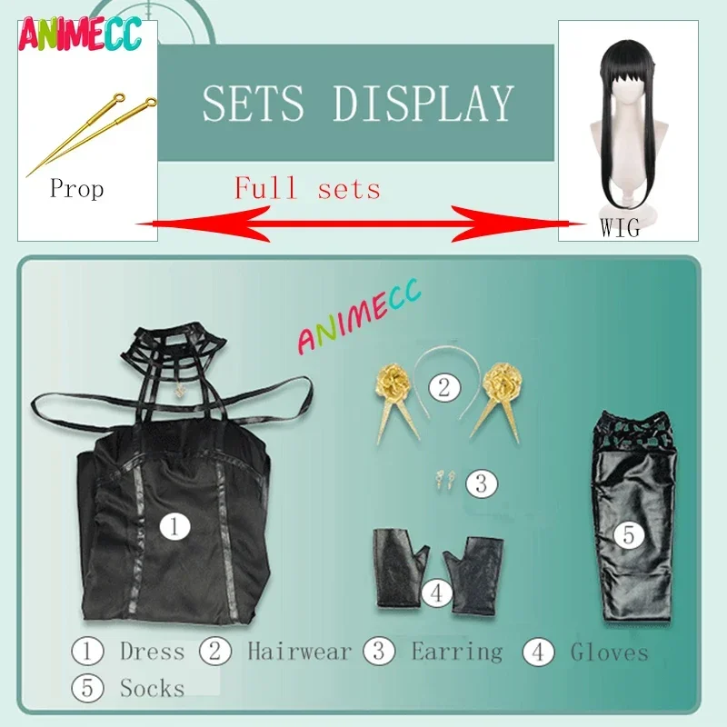 ANIMECC in magazzino Yor Forger Costume Cosplay parrucca Killer Killer Gothic Halter Black Dress Prop Halloween Party Outfit per le donne
