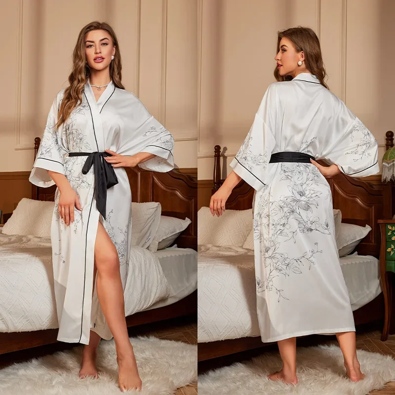 

Lounge Wear Satin Kimono Bathrobe Gown Women Print Flower Intimate Lingerie Nightgown Soft Nightdress Home Clothes Sleepwear