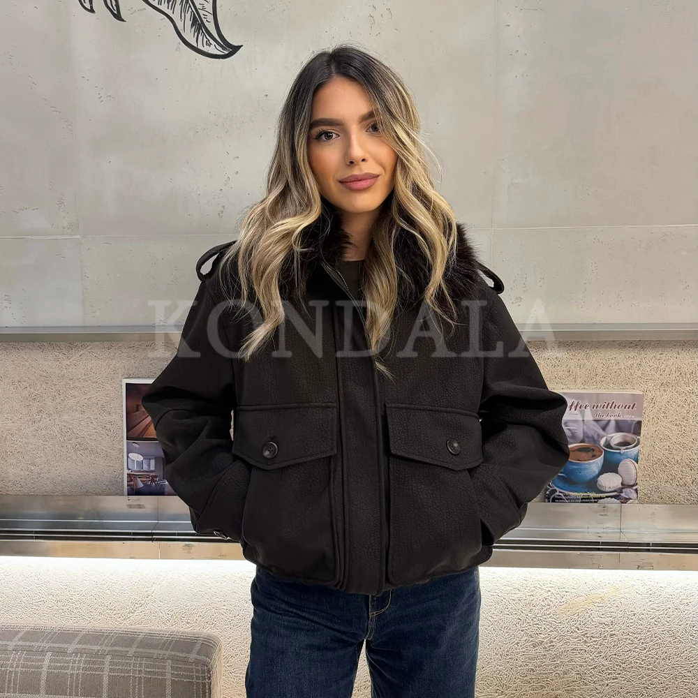 

KONDALA 2025 Fall Winter Faux Fur Collar Women PU Leather Jackets Fashion Streetwear Zip Up Turndown Collar Ladies Warm Jackets