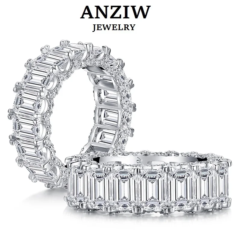 

ANZIW 925 Sterling Silver Emeralded Cut Eternity Engagement Ring Simulated Diamond Wedding Silver Full Eternity Ring Jewelry