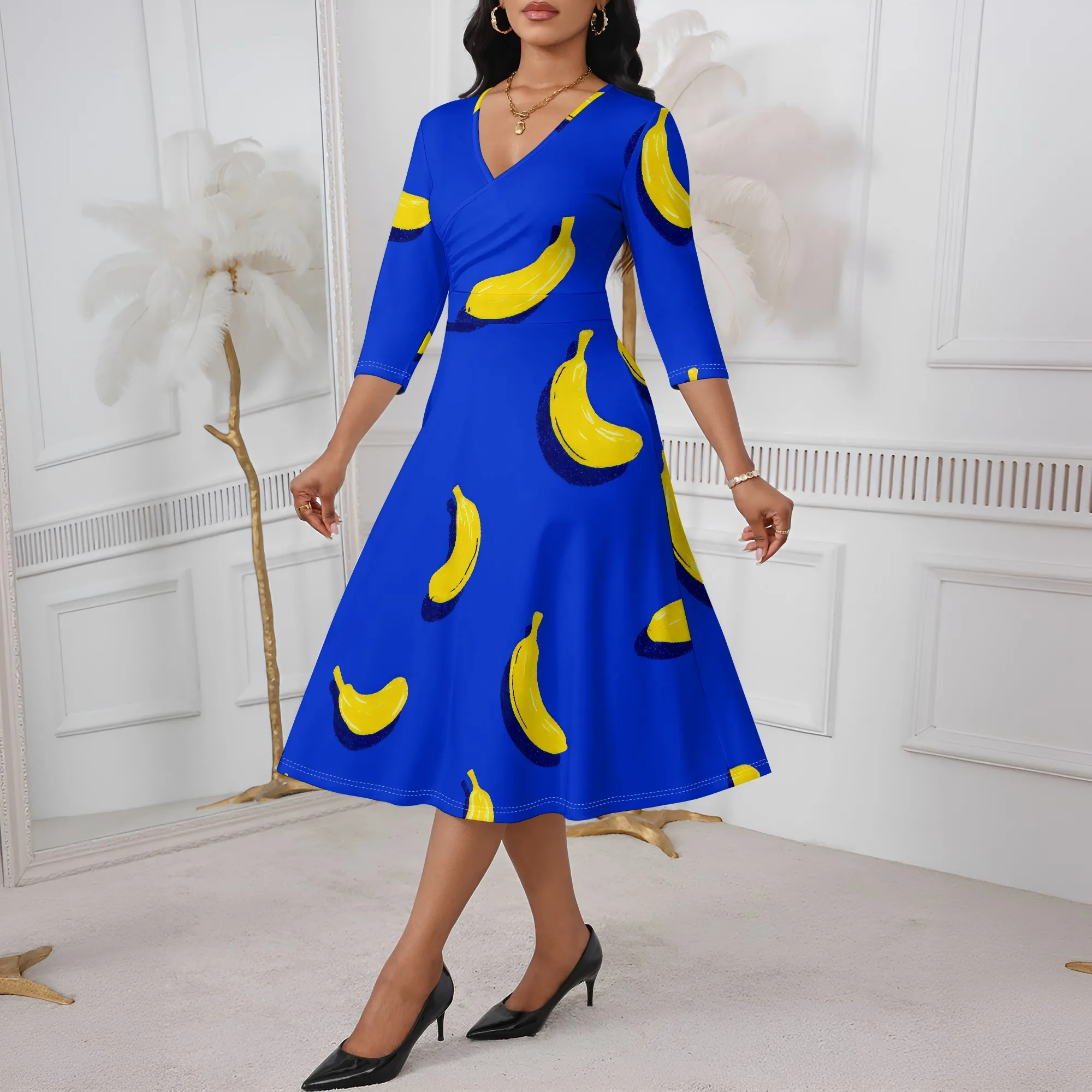 Magritta Midi Dresses for Women Casual 3/4 Sleeve Wrap Dress Plus Size Curvy Cocktail Dresses with Pockets