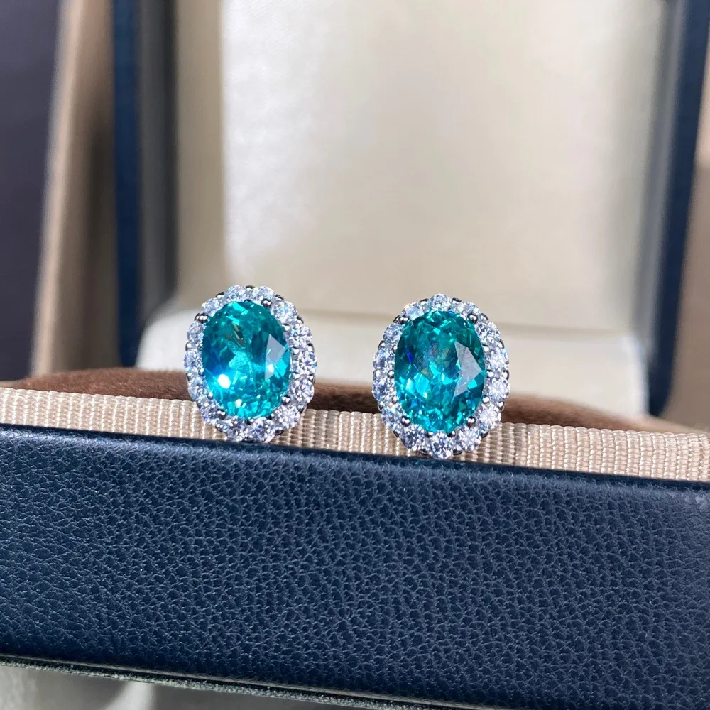 14K Weißgold Ohrstecker mit Laborgezüchtetem Paraiba-Turmalin 6×8mm Vollbesetzter Diamant-Halo Luxus-Statement-Ohrringe für Damen – Detail 5