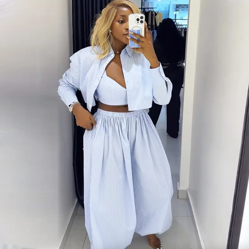 European and American African Women's Clothing 2026 Spring New Fashion Blue Striped Shirt Tube Top Wide Leg Trousers Suit