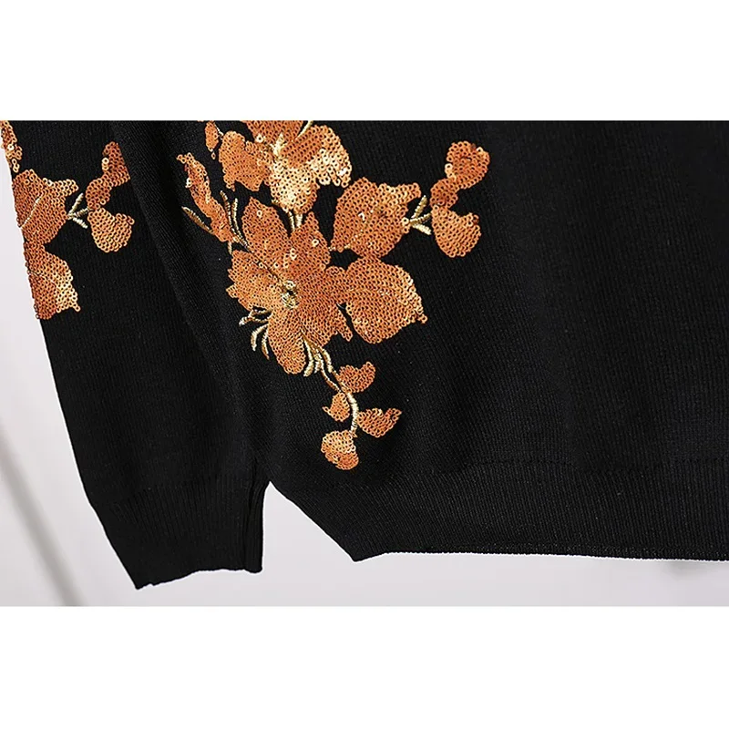 Spring Fashion Embroidery Sequins Flowers Knit Tracksuits Set Women Loose Pullover Sweater Long Pants Female Two Piece Outfits