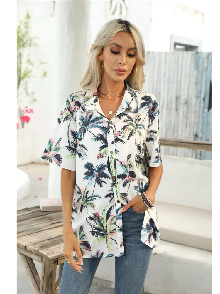 Женские рубашки с короткими рукавами 2025 года с леопардовым принтом из мультфильмов и цветочным принтом для модных и повседневных летних каникул