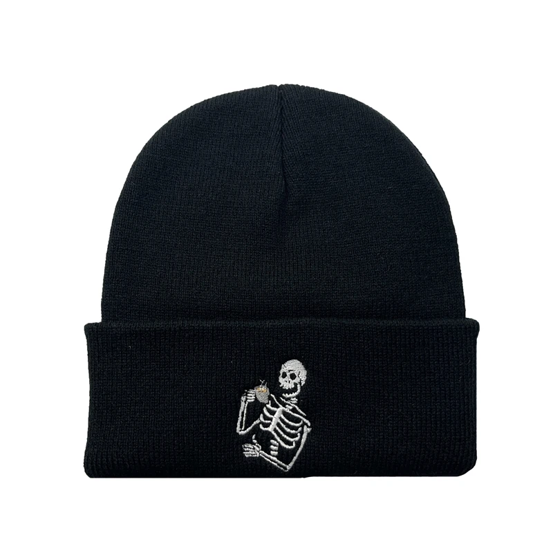 Fashion Embroidery Skull Knit Hat Warm Beanie Hat Hip Hop Outdoor Ski Cap Halloween Skeleton Drink Water Embroidery Hats