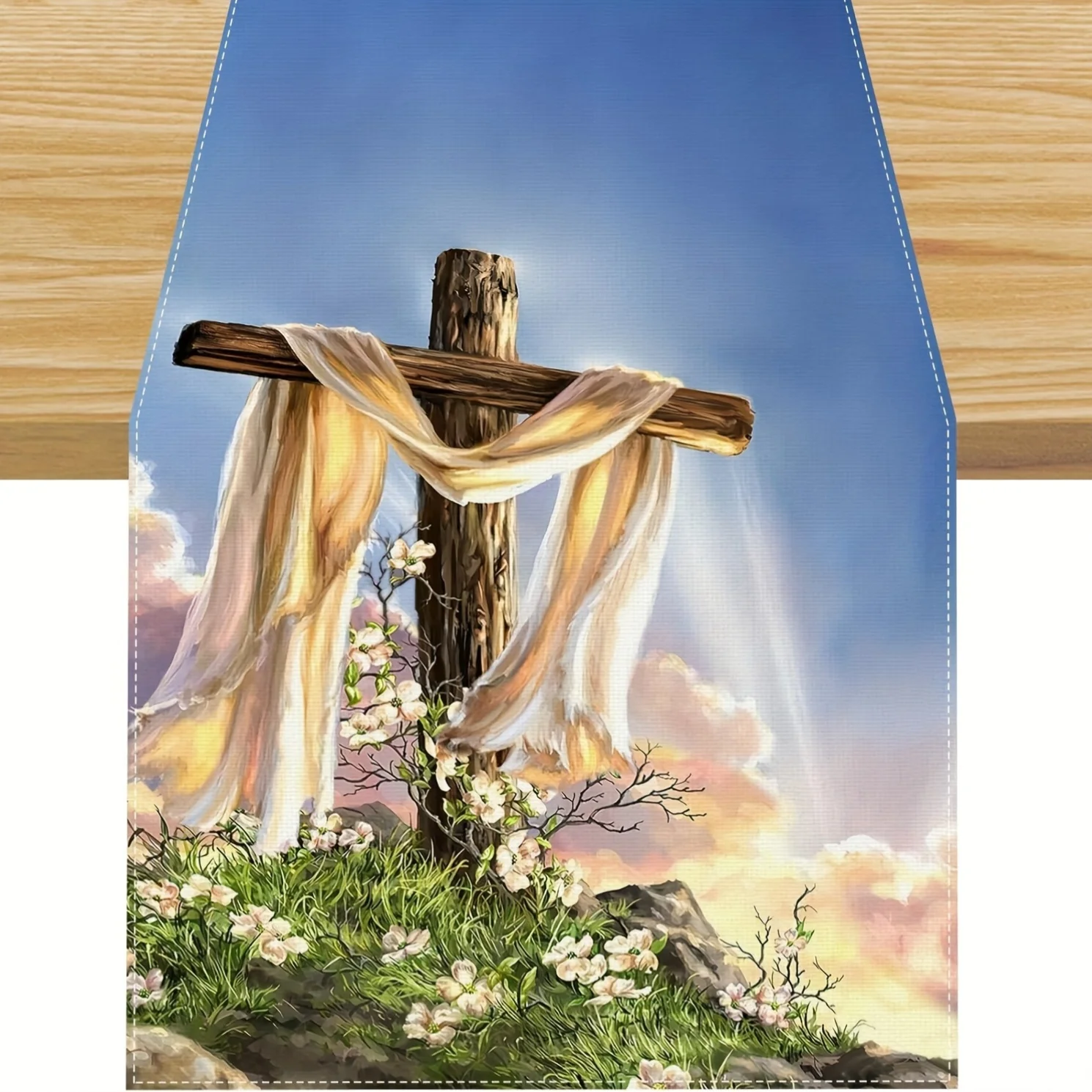 Religious Cross He is Risen Easter Table Runner Spring Summer Decorations and Supplies for Home Kitchen Dining Room Table