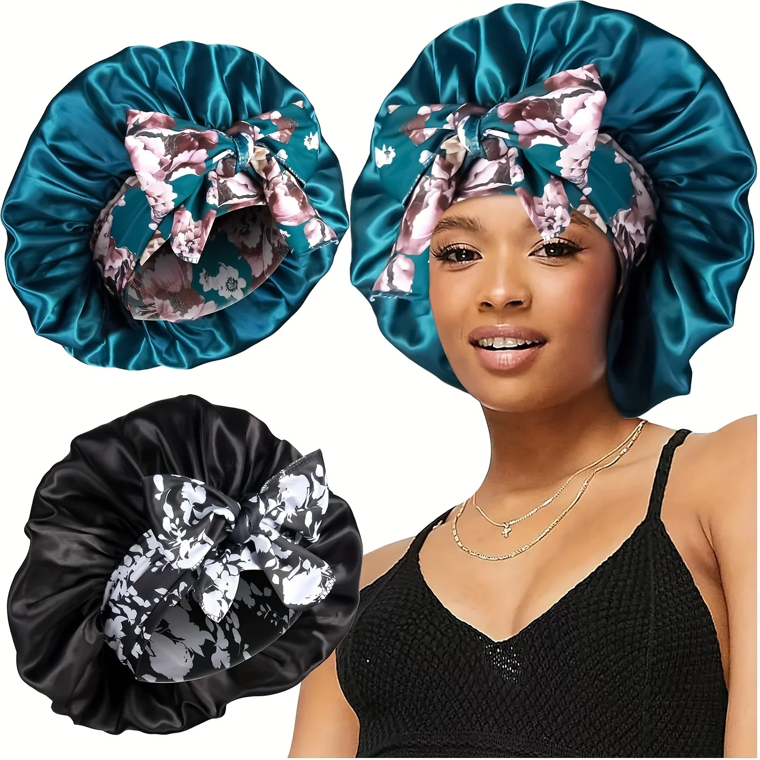 2pcs/set Elegant Satin Bonnet Flower Print Band Bowknot Sleeping Night Cap Elastic Bath Shower Cap Soft Hair Bonnets For Women G