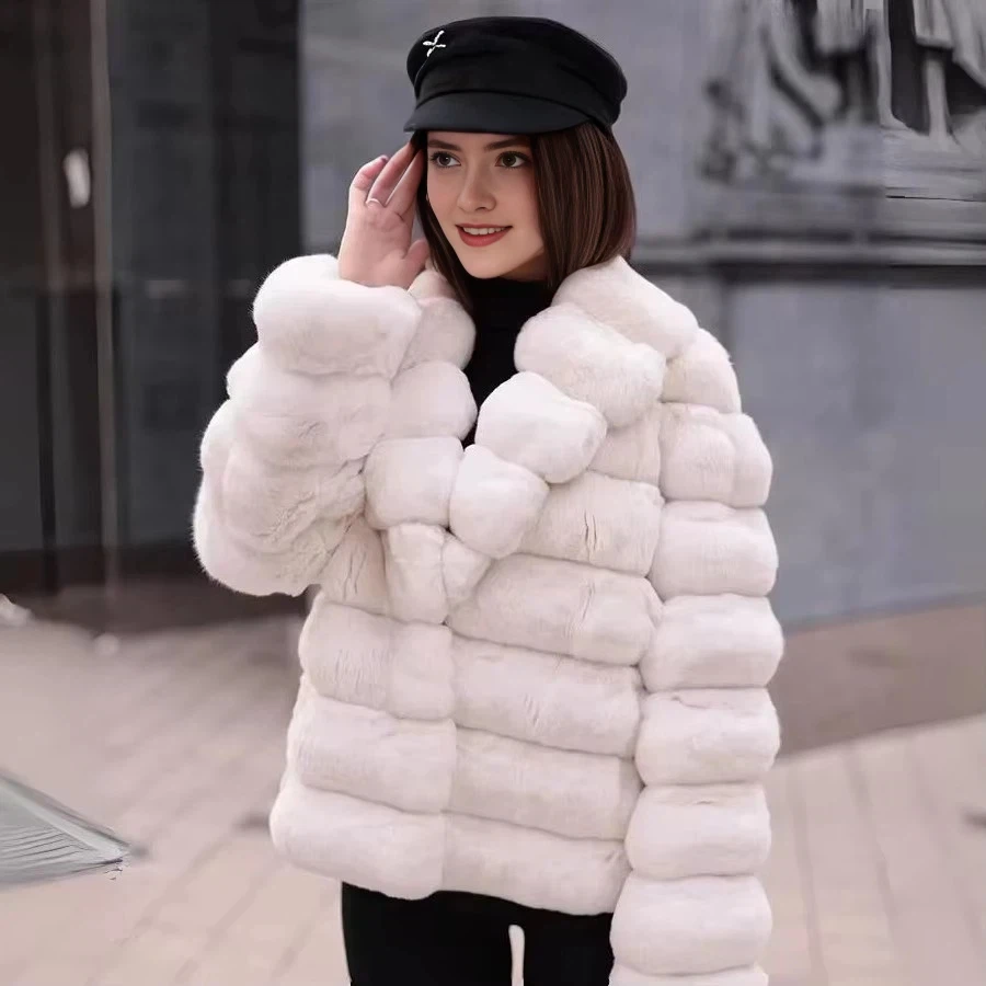 Women Winter Jacket With Natural Fur Warm Ladies Short Overcoat Real Rabbit Fur Coats White