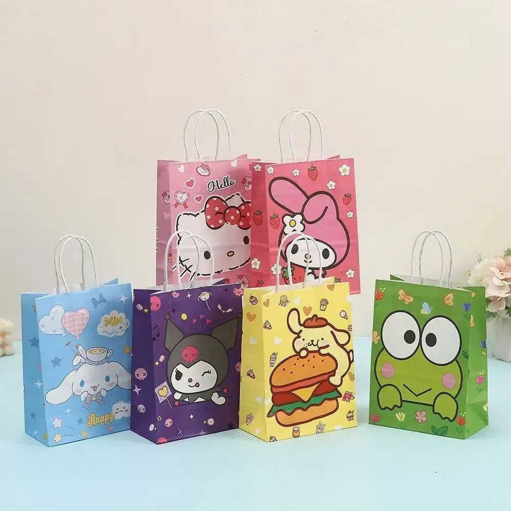 Sanrio bolso de papel Kraft de dibujos animados Pom Purin Melody Cinnamoroll Hello Kitty Kuromi bolso de compras impreso caja de regalo de cumpleaños