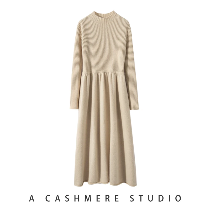 

Women Cashmere O-Neck Sweater Mid-long Dresses Spring Autumn 100% Goat Cashmere Pure Color Lady-like Gentle Knitwear Dress