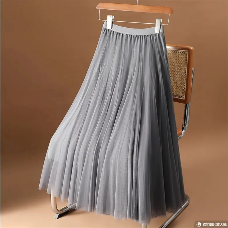 Vintage Tulle Skirt Women Streetwear Elastic High Waist Mesh Pleated Skirts Summer Elegant Korean A Line Office Ladies Skirt New