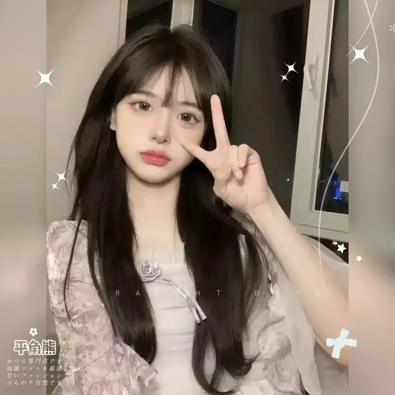 Sweet Realistic Korean Long Straight Full Wig with Airy Bangs Heat‑Resistant Synthetic Wig Silky Texture for Daily Looks Party