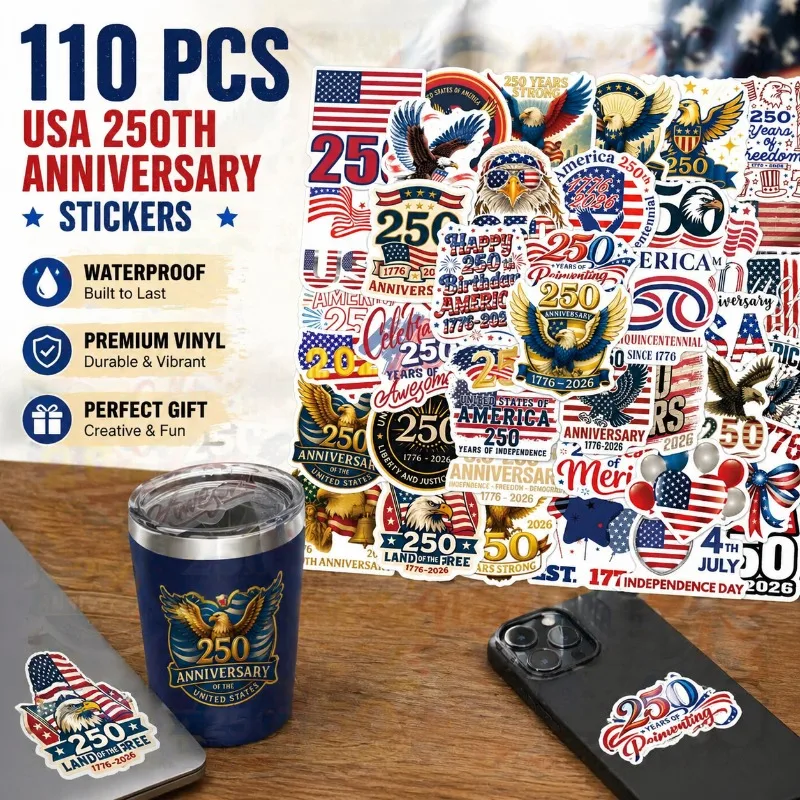 

110Pcs Cartoon US 250th Anniversary Stickers Waterproof Decorative Decals for Stationery Water Bottle Cellphone and Laptop