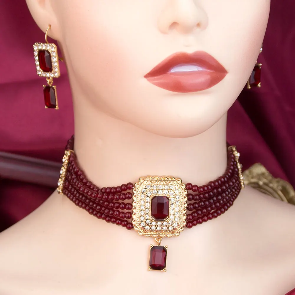 Sunspicems Morocco Jewelry Set Hand Beads Choker Necklace Drop Earring Square Crystal Pendant Arabic Neck Chain Bridal Bijoux