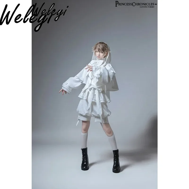 Sweet Cool Lolita Rabbit Ears Hooded Coat Female 2024 Autumn New Retro Cute Long Sleeve Jackets for Women Puffer Shorts Pants