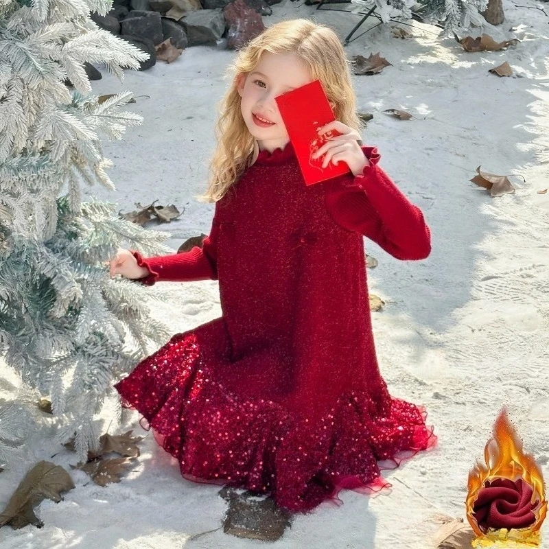 

Teens Girls Red Dress Set Winter Outfit Christmas Party Fleece Warm Vest Dress Knit Sweater 2pcs New Year Birthday Child Clothes