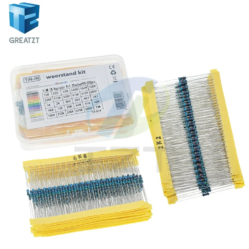 

GREATZT 600 шт./компл. 30 видов сопротивления 1/4 Вт 1% комплект металлопленочных резисторов в ассортименте 1 К 10 К 100 К 220 Ом 1 м резисторы 300 шт./компл.