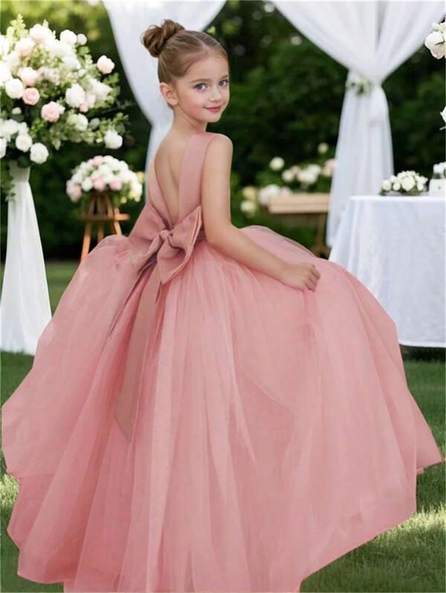 

Tween Girl Elegant Bowknot Tulle Formal Dress Suitable For Wedding And Evening Party