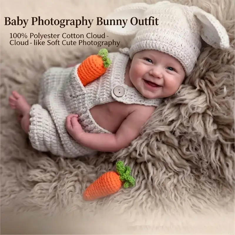 Crochet Knitted Newborn Photography Props Clothes Rabbit Theme Baby Romper with Hat for 0-3 Months Baby Studio Photo Shooting