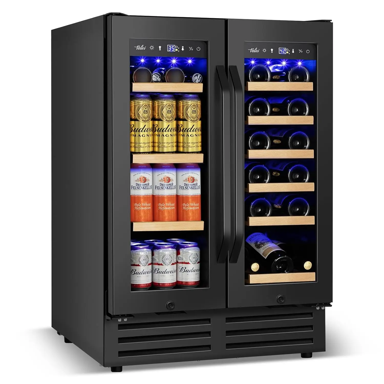 24 Inch Dual Zone Beverage Refrigerator Under Counter Glass Door Lock 18 Bottles 68 Cans Beer Soda Built-in Freestanding, Custom