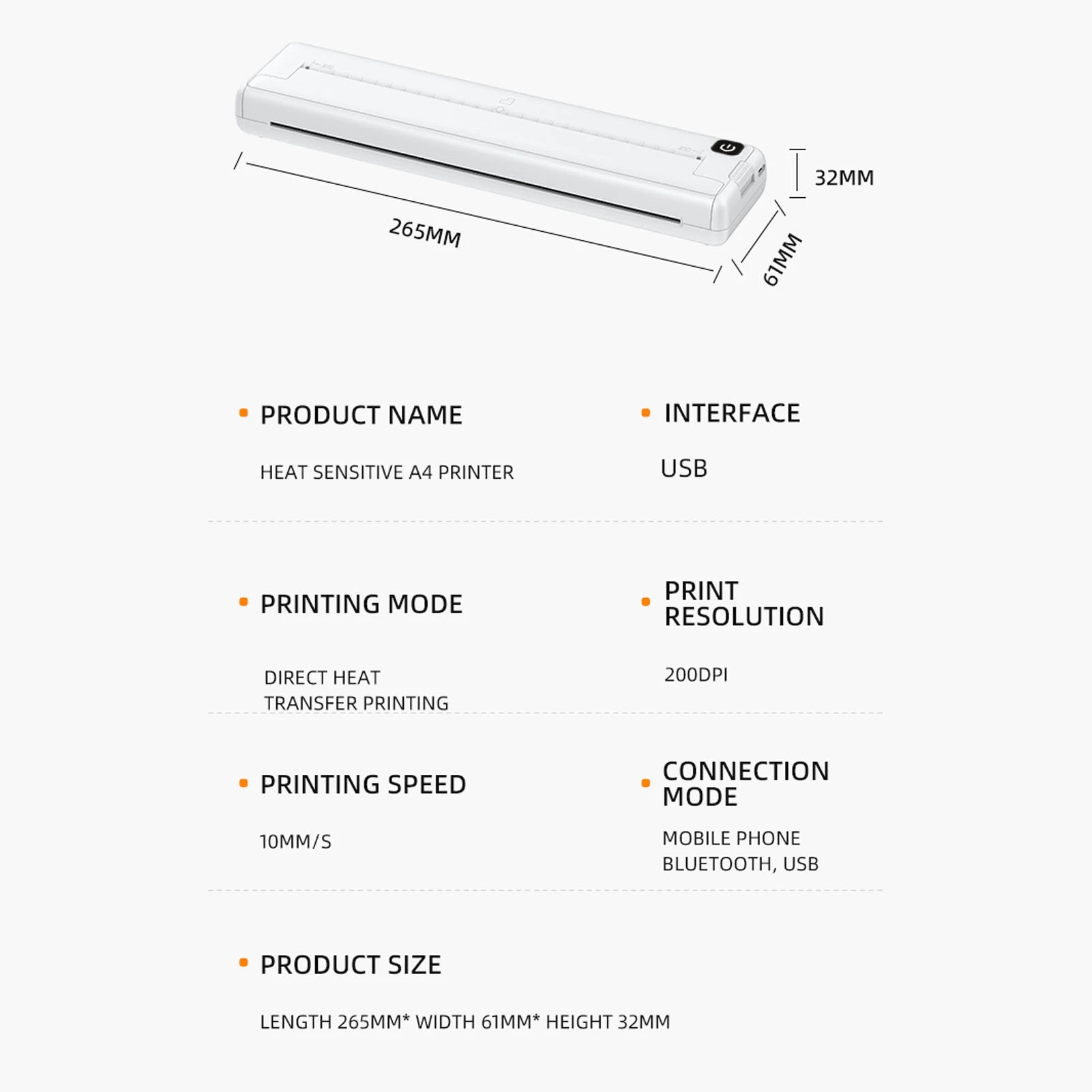 200dpi 휴대용 프린터 A4 열전사 프린터 미니 휴대용 블루투스 충전식 무잉크 열전사 프린터 학교 사무실용