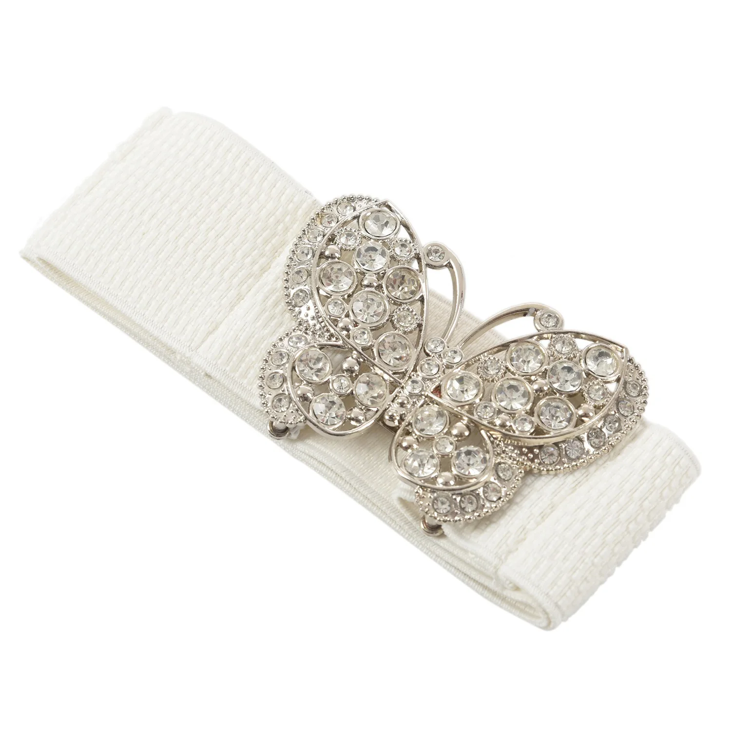 

New-Design Women Rhinestones Accent Butterfly Hook Buckle Elastic Cinch Waist Belt White