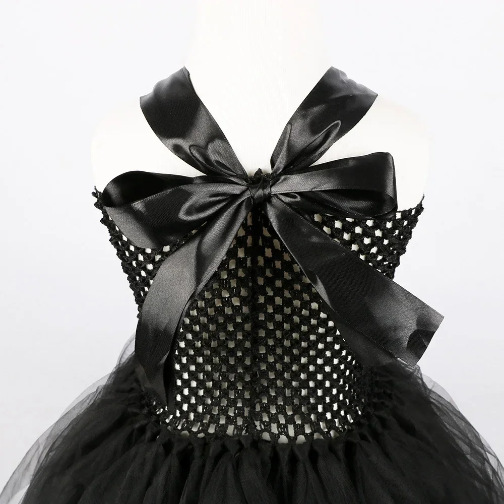 Handgefertigtes Tutu-Prinzessinnenkleid für Mädchen, Cosplay-Kostüm Böse Königin, Schwarzes Netzgewebe, Karnevalsparty, Zauberstab, Dämonische Hexenkleider – Detail 8