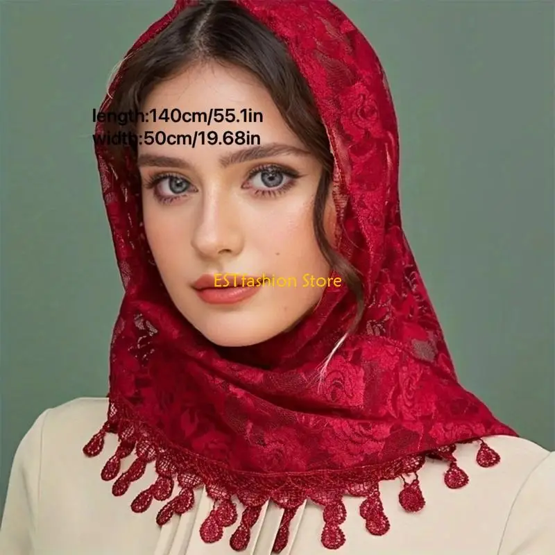 

Y5GC Fringed Lace Veils for Formal Occasion Mass Headscarf Head Scarf Bride Headcover