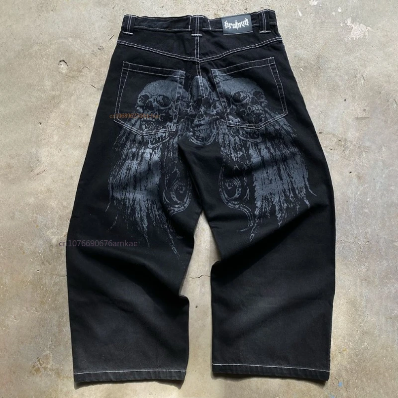 Ins New Dark Personality Pattern Printing Straight Pants Black Cotton Jeans Men Women Fall Winter Loose High Street Couple Jeans