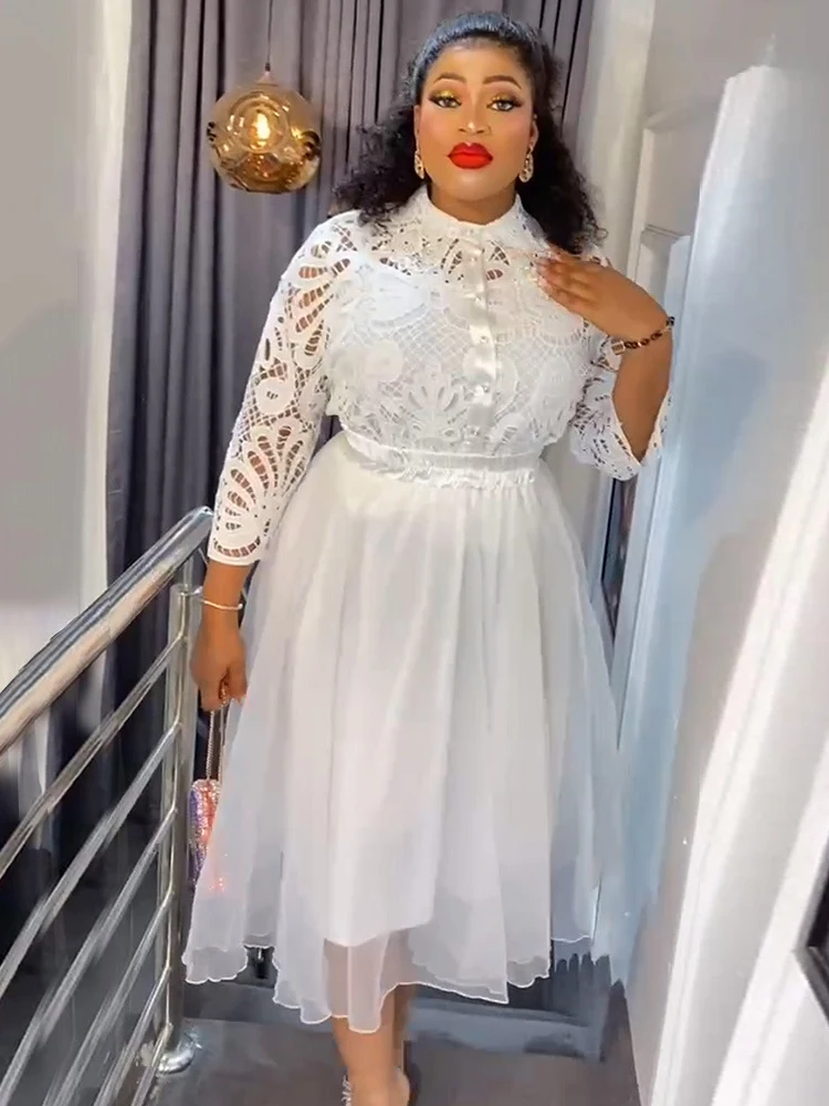 Robe Africaine Femme 2024 Nouveauté African Dashiki White Lace Clothing Women Plus Size Tops & Inner & Skirt 3 Piece Set Gown