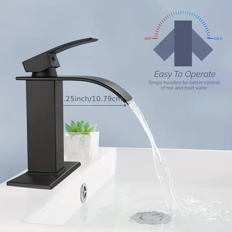 Brushed Single-Handle Vanity Mixer Tap with Waterfall Spout for Bathroom Sink Modern Three-Hole Installation Design