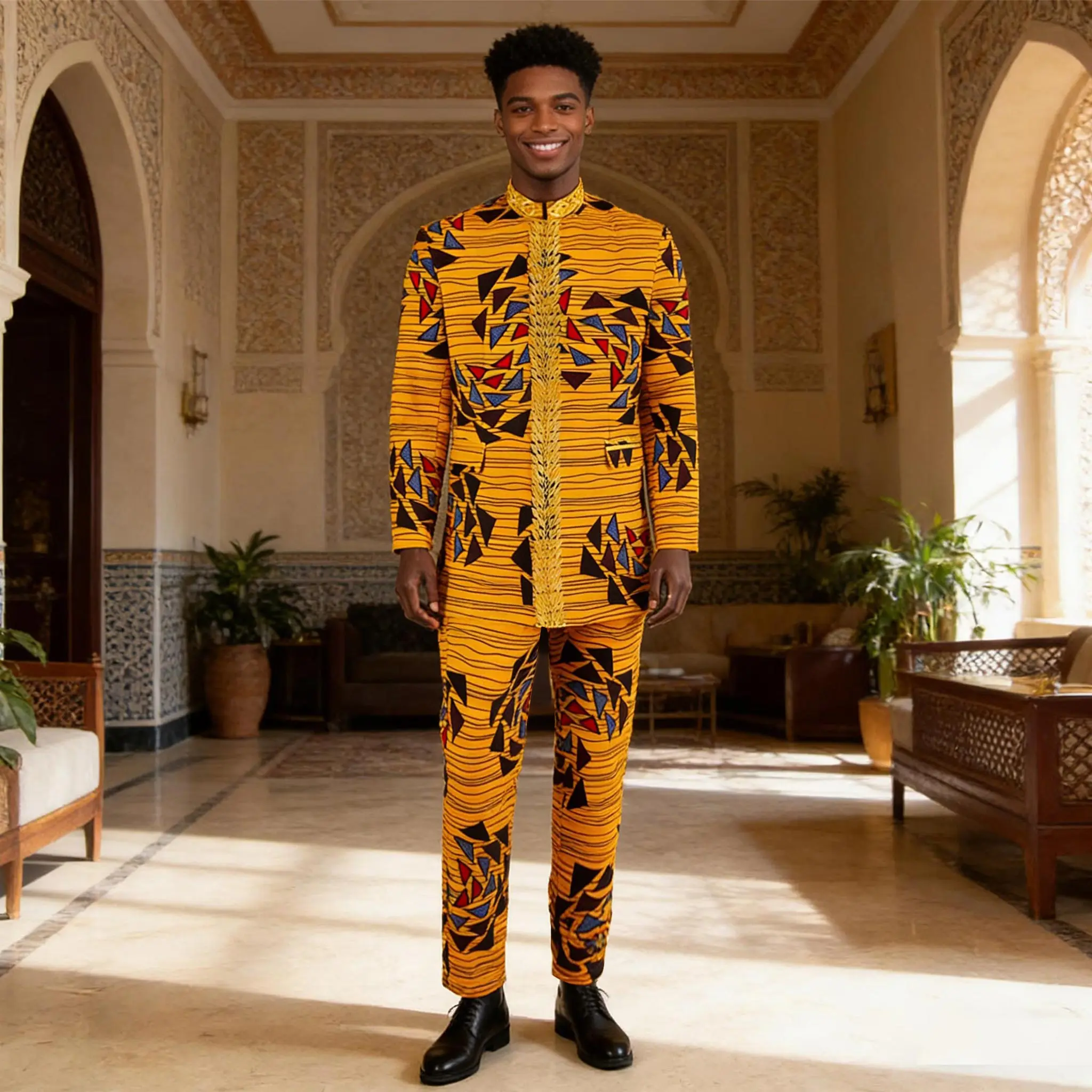 African Suits for Men Full Sleeve Embroidery Slim Fit Print Blazer and Pants Set Dashiki Outfits African Clothes Pockets 2416082
