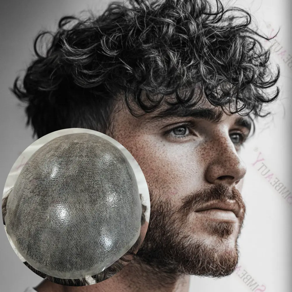 

20MM Curly Male Hair Prosthesis Toupee Men 1B20 Grey Black Human Hair Super Durable Thin Skin Base Man Hair Replacement System