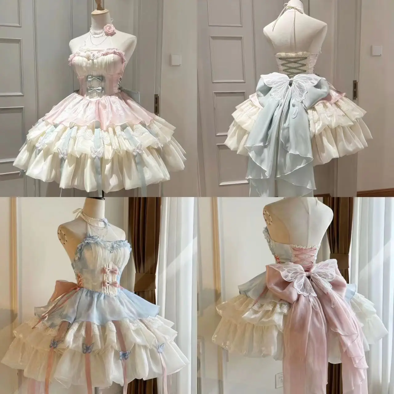 Kawaii Bow Lace Lolita Dress Women Sweet Cute Puff Sleeve Slim Mini Dresses Female Pretty Fairy Princess Dress Japanese New